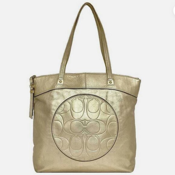 Coach Gold Leather Market Tote Bag Y2k Metallic Preppy Logo Soft Shoulder Bag - Picture 1 of 15